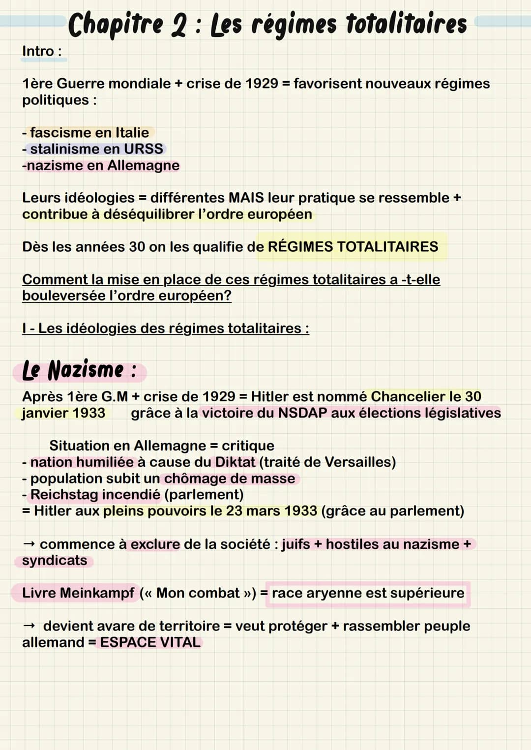 Chapitre 2 Les régimes totalitaires
1ère Guerre mondiale + crise de 1929 = favorisent nouveaux régimes
politiques :
Intro
:
- fascisme en It