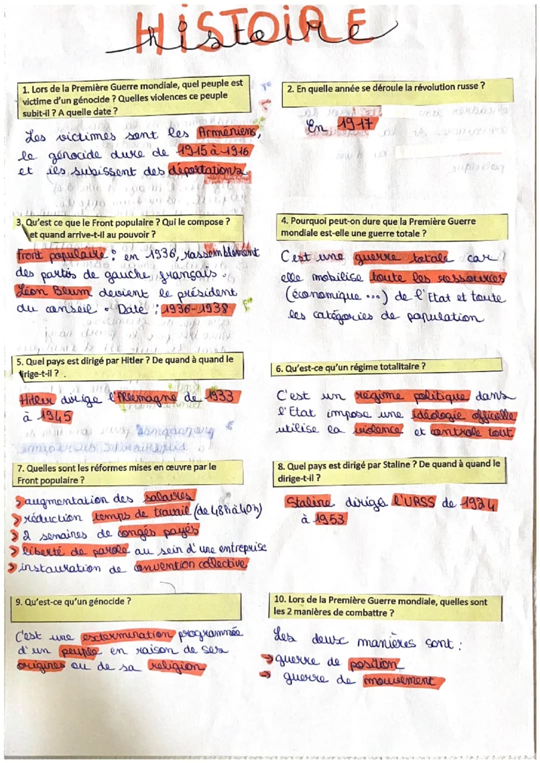 HISTOIRE
1. Lors de la Première Guerre mondiale, quel peuple est
victime d'un génocide? Quelles violences ce peuple
subit-il? A quelle date?