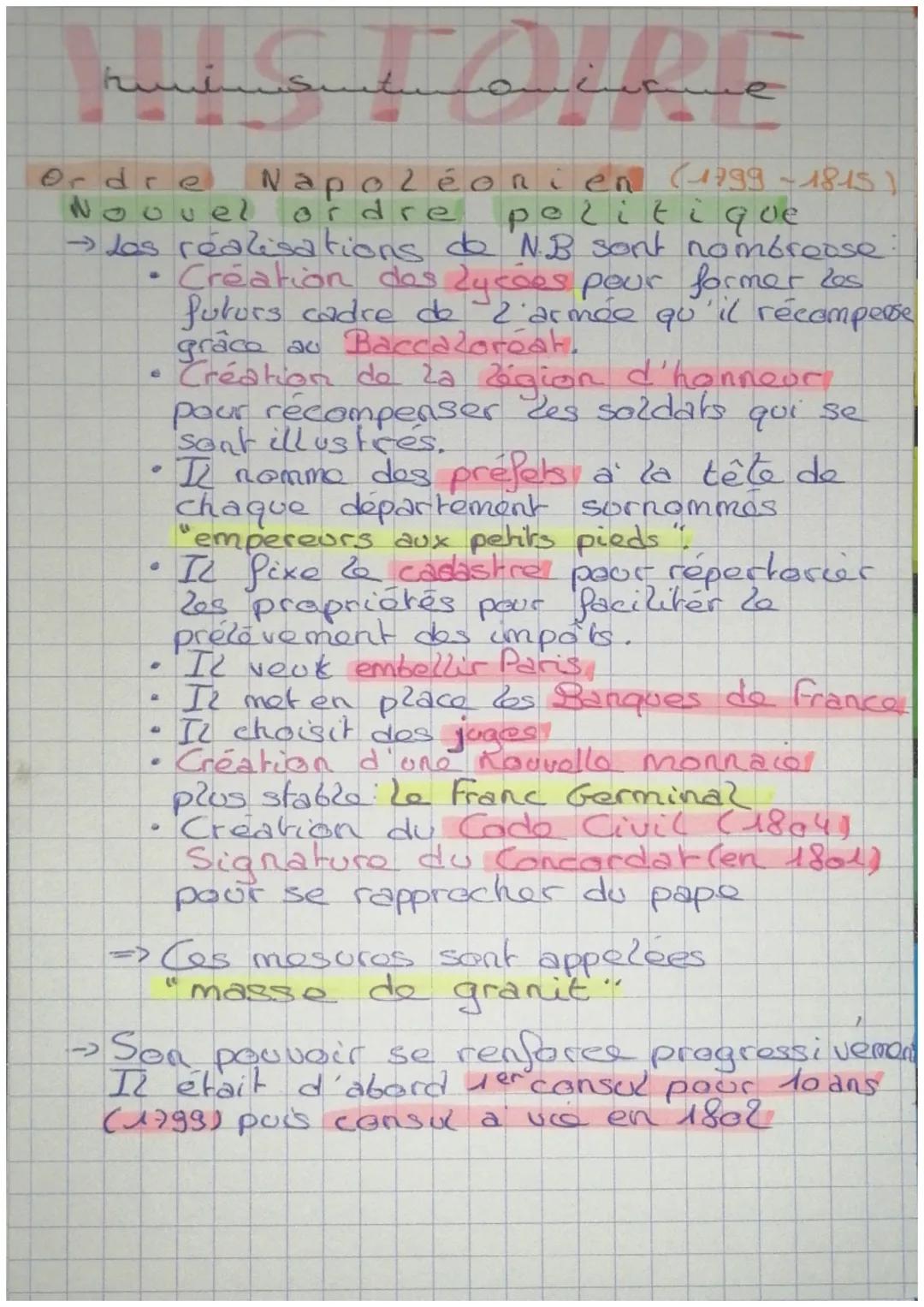 # HISTOIRE

Ordre Napoléonien (1799-1815)
Nouvel ordre politique
→Les réalisations de NB sont nombreuse
*   Création des lycées pour former 