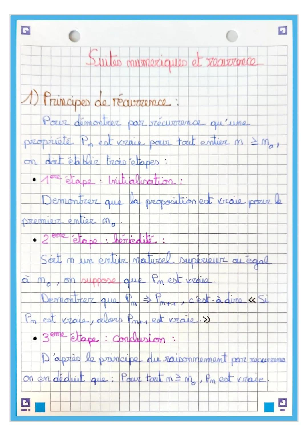 L
G
Suites numeriques et recurrence
1) Principes de réavorence:
Pour démontrer par récurrence qu'une
propriete P est vraie pour tout entier 