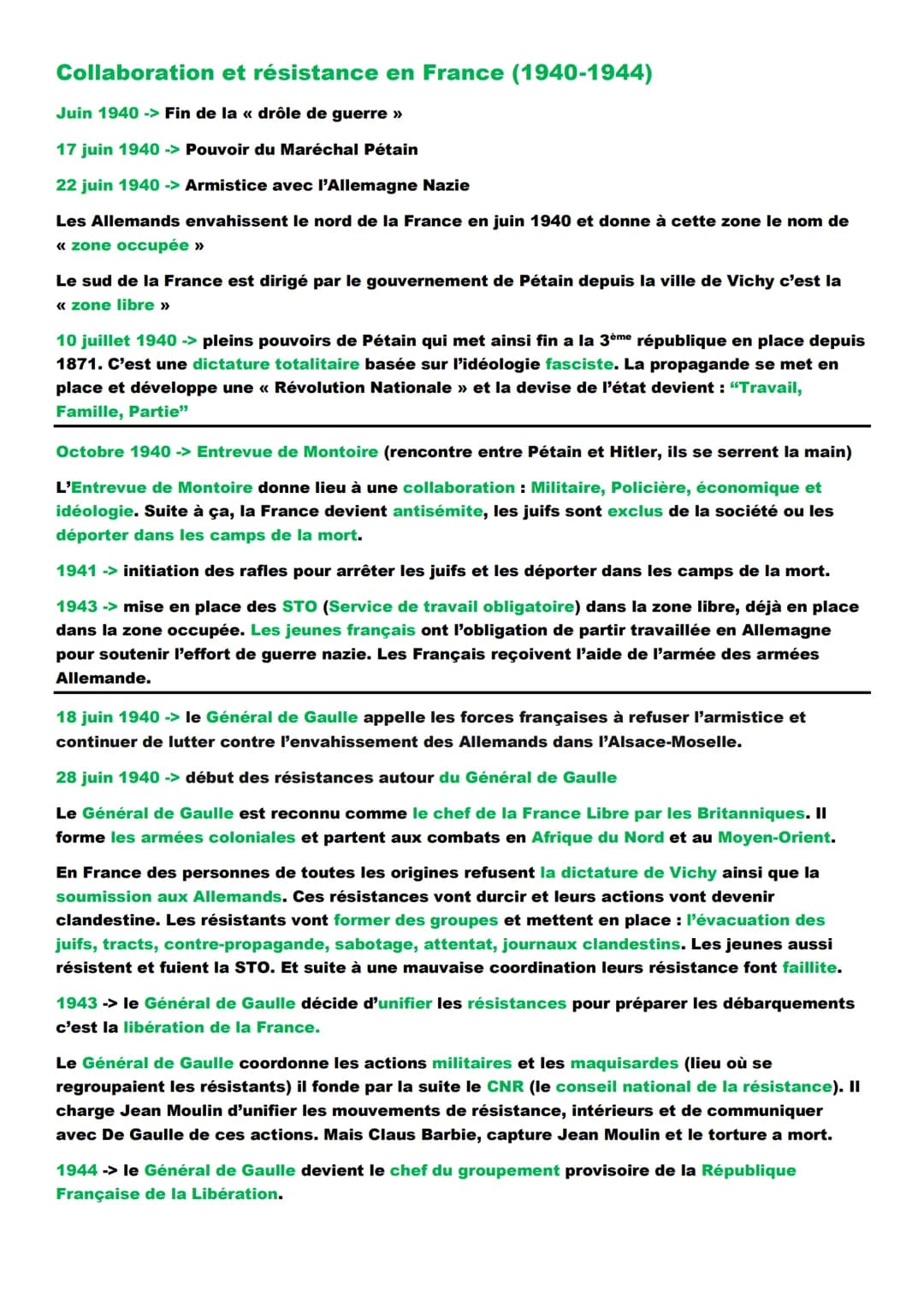 Collaboration et résistance en France (1940-1944)
Juin 1940 -> Fin de la « drôle de guerre >>
17 juin 1940 -> Pouvoir du Maréchal Pétain
22 