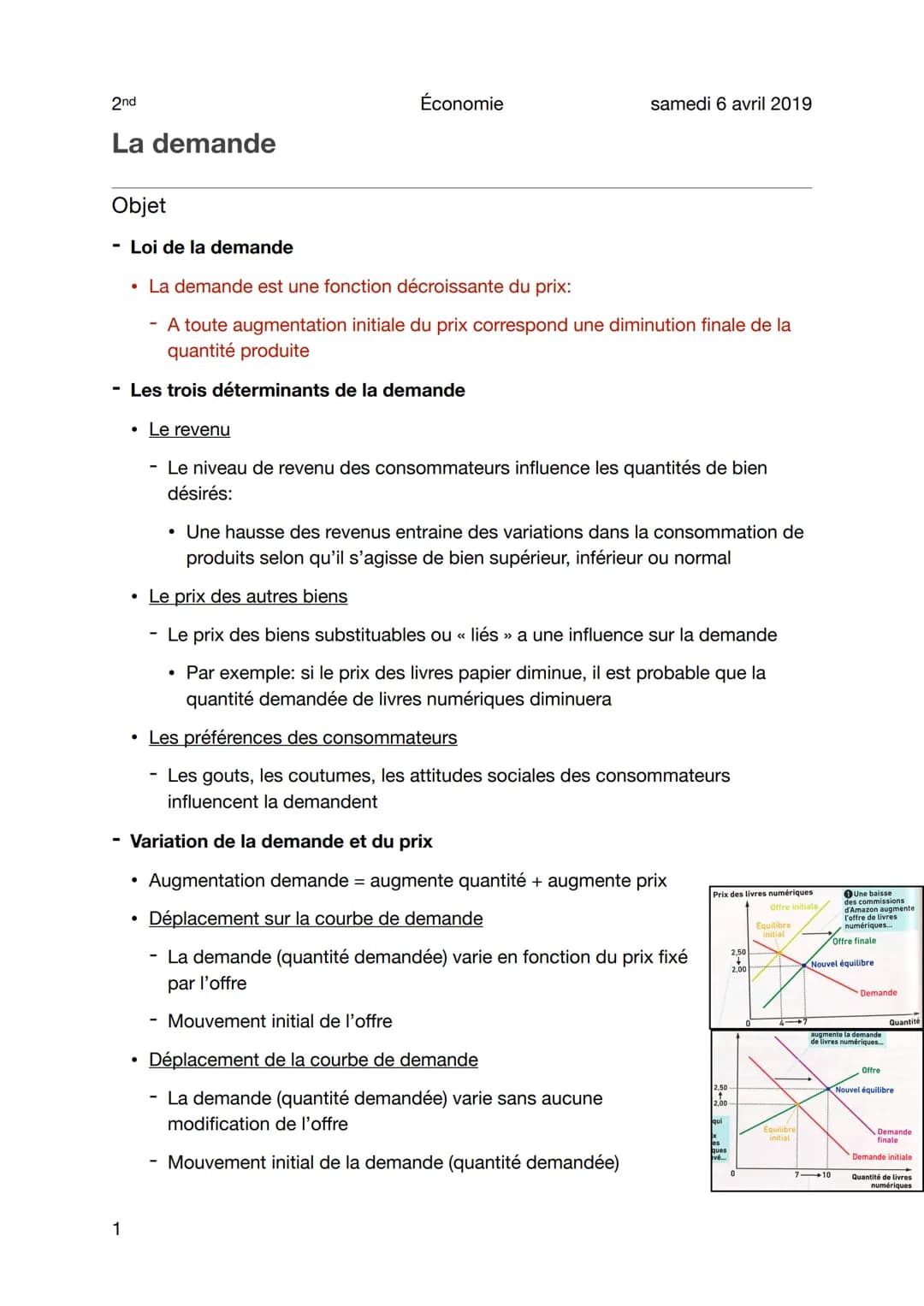 2nd
La demande
1
Économie
Objet
- Loi de la demande
• La demande est une fonction décroissante du prix:
- A toute augmentation initiale du p