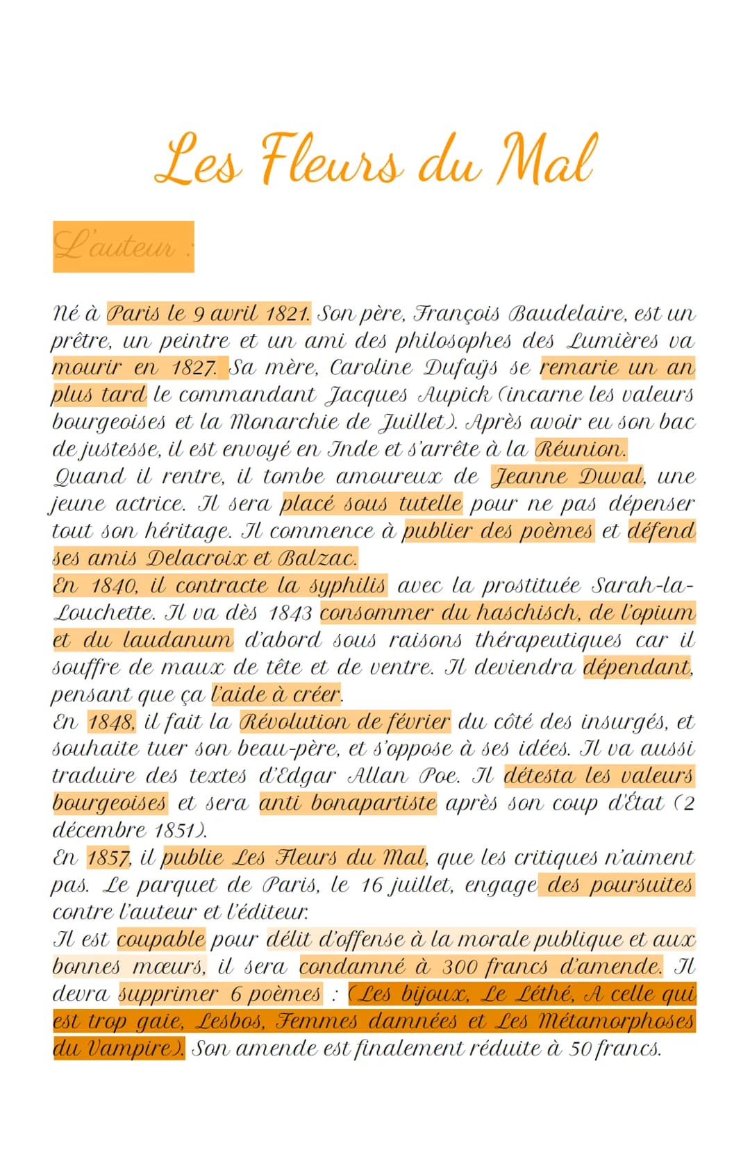 Les Fleurs du Mal
L'auteur
Né à Paris le 9 avril 1821. Son père, François Baudelaire, est un
prêtre, un peintre et un ami des philosophes de