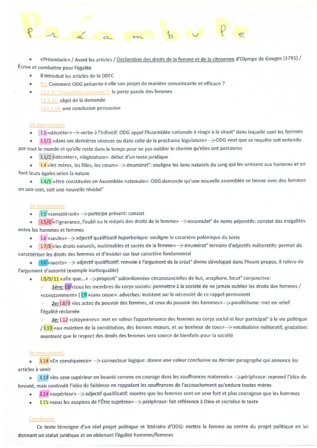 P
●
é
<<Préambule»> / Avant les articles / Déclaration des droits de la femme et de la citoyenne d'Olympe de Gouges (1791)/
Écrire et combat