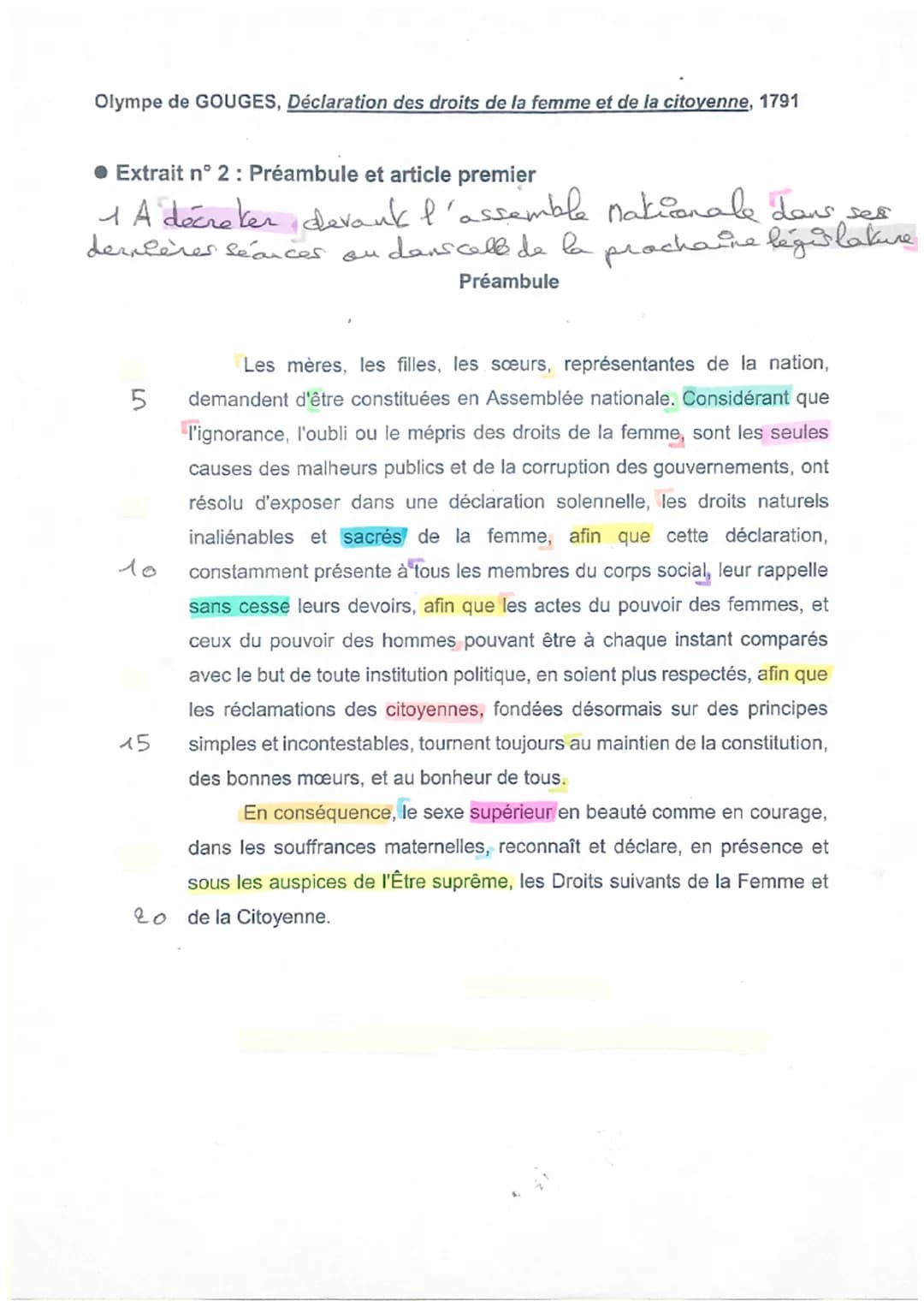 P
●
é
<<Préambule»> / Avant les articles / Déclaration des droits de la femme et de la citoyenne d'Olympe de Gouges (1791)/
Écrire et combat
