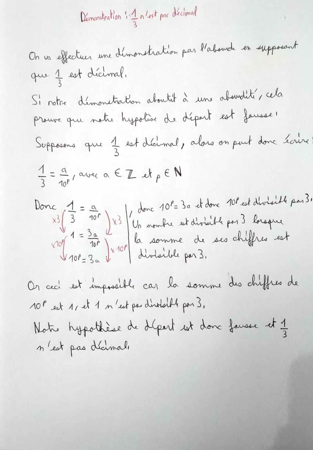 Démontrer que 1/3 n'est pas un nombre décimal par l'absurde