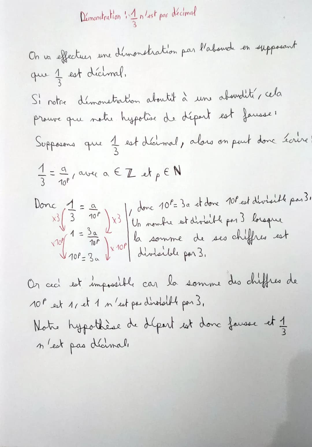 1
3
On va effectuer
que 1 est décimal,
3
Si notre demonstration aboutit à une absurdité, cela
prouve que notre hypolise de départ est fausse