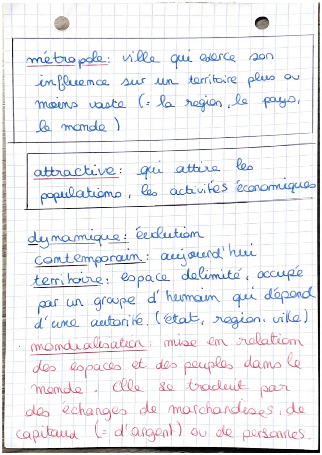 métropole: ville qui exerce son
influence sur un territoire plus au
moins vaste (: la region, le pays,
le monde )

attractive: qui attire le