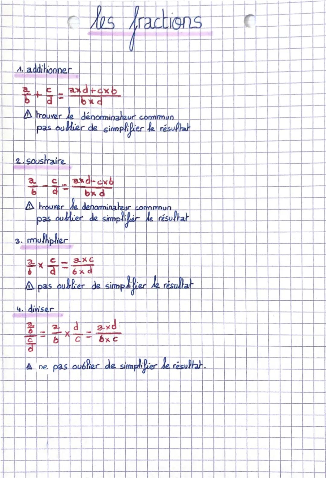 additionner
+
4/0
d
les fractions
axdtexb
bxd
A trouver le dénominateur commun
pas oublier de simplifier le résultat
2. Soustraire
a
6
C
us
