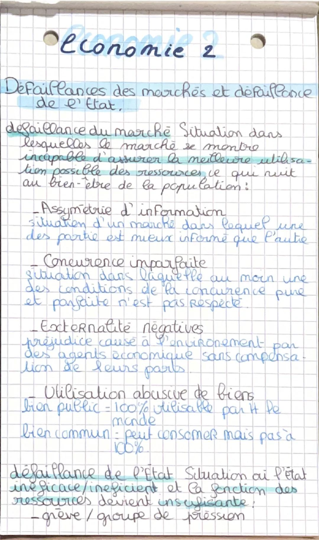 Oeconomie 2
Defaillances des marchés et défaillance
de l'Etat.
defaillance du marché Situation dans.
lesquelles le marche se mentre
incapabl