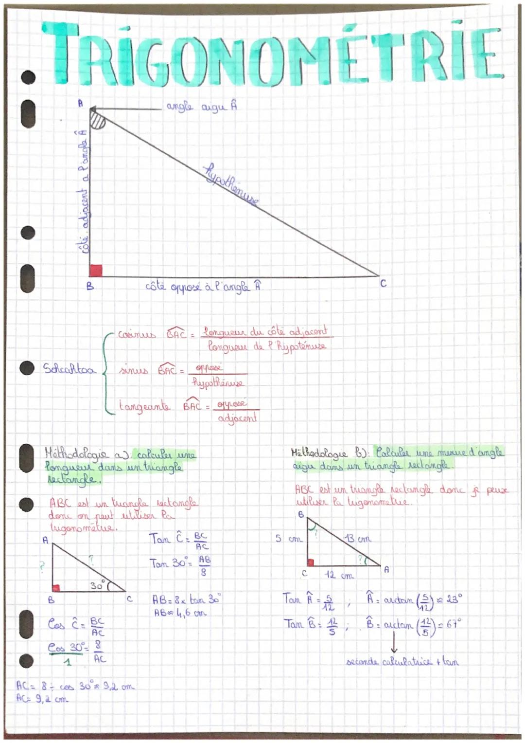 TRIGONOMÉTRIE
A
Schaahtoa
A
côté, adjacent a l'angle Â
C
B
B
30
Méthodologie a calculer une
longueur dans un triangle
rectangle.
Cos ĉ= BC
A