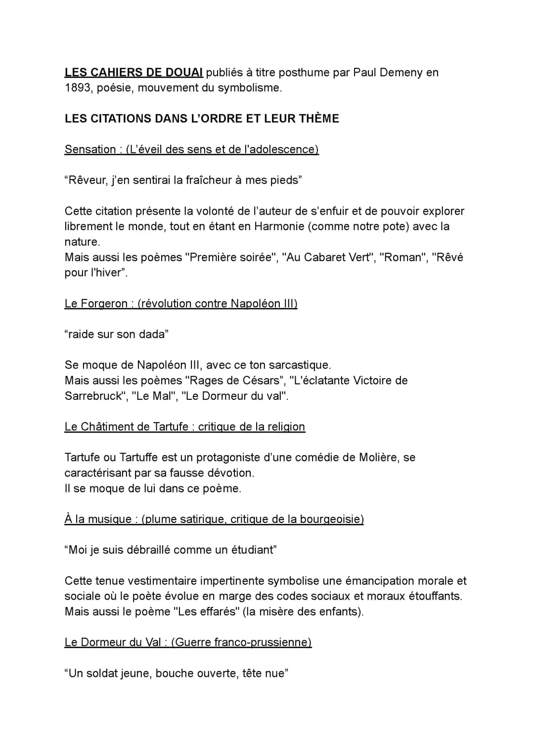Les Cahiers de Douai : citations et parcours associé, Bac de Français