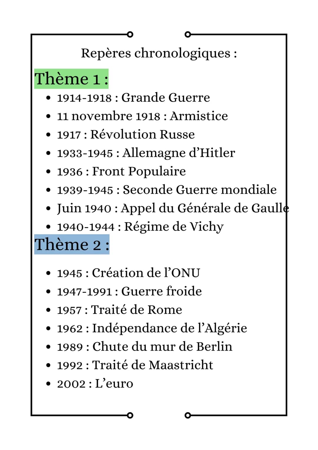 Repères chronologiques :
Thème 1:
• 1914-1918 : Grande Guerre
• 11 novembre 1918: Armistice
• 1917: Révolution Russe
• 1933-1945: Allemagne 