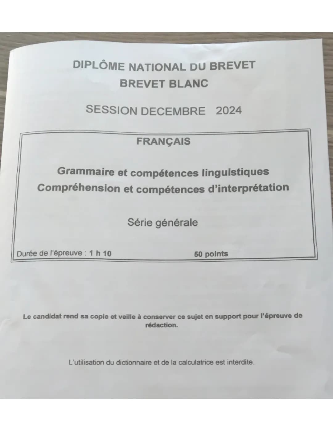 Sujet type brevet français entier 
