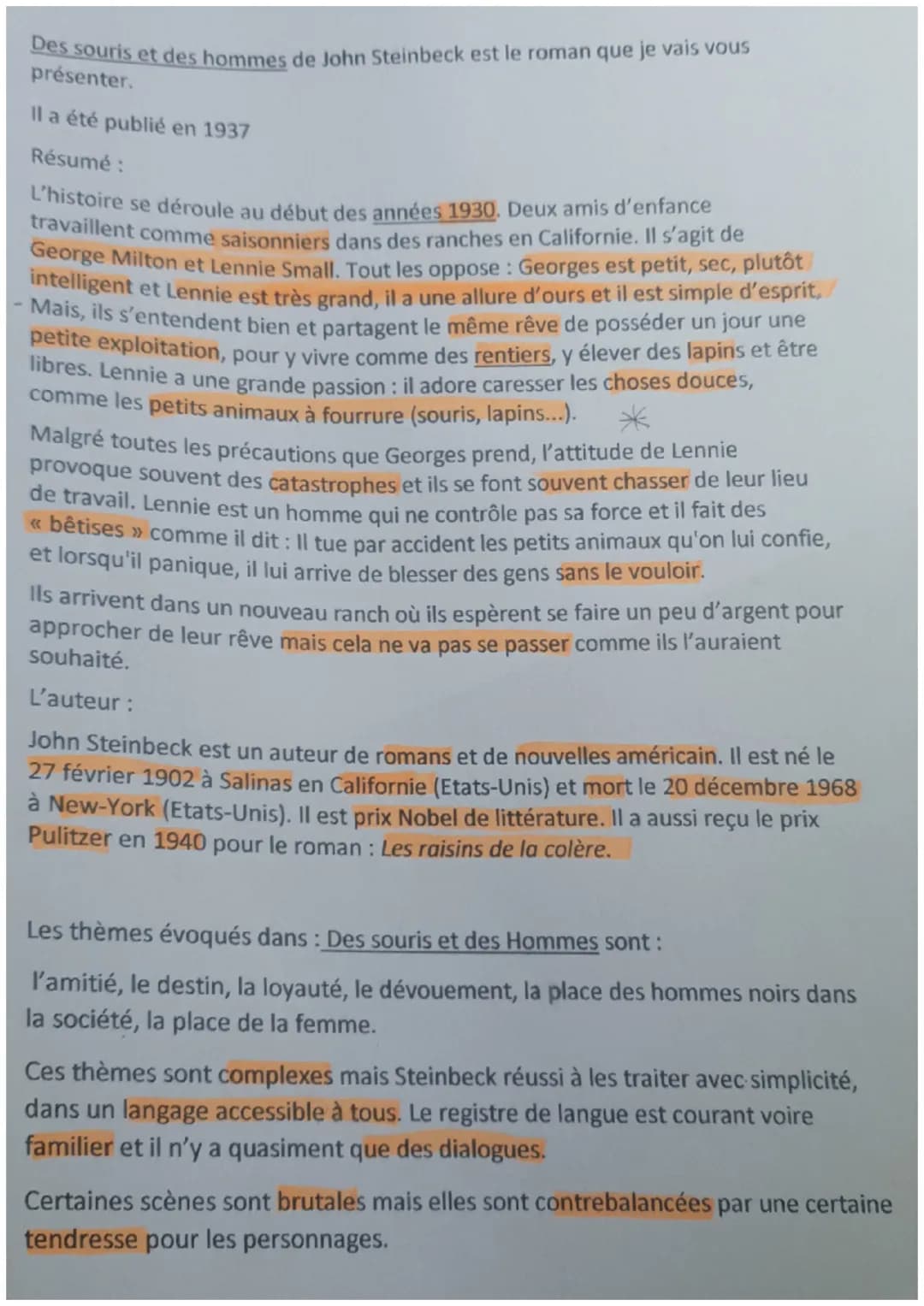 Des souris et des hommes de John Steinbeck est le roman que je vais vous
présenter.
Il a été publié en 1937
Résumé :
L'histoire se déroule a