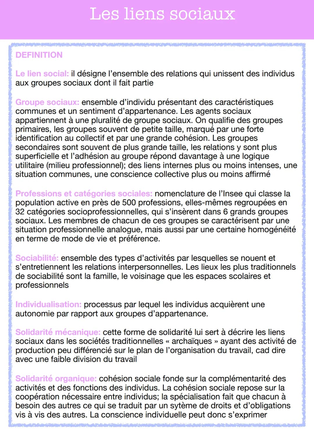 DEFINITION
Les liens sociaux
Le lien social: il désigne l'ensemble des relations qui unissent des individus
aux groupes sociaux dont il fait