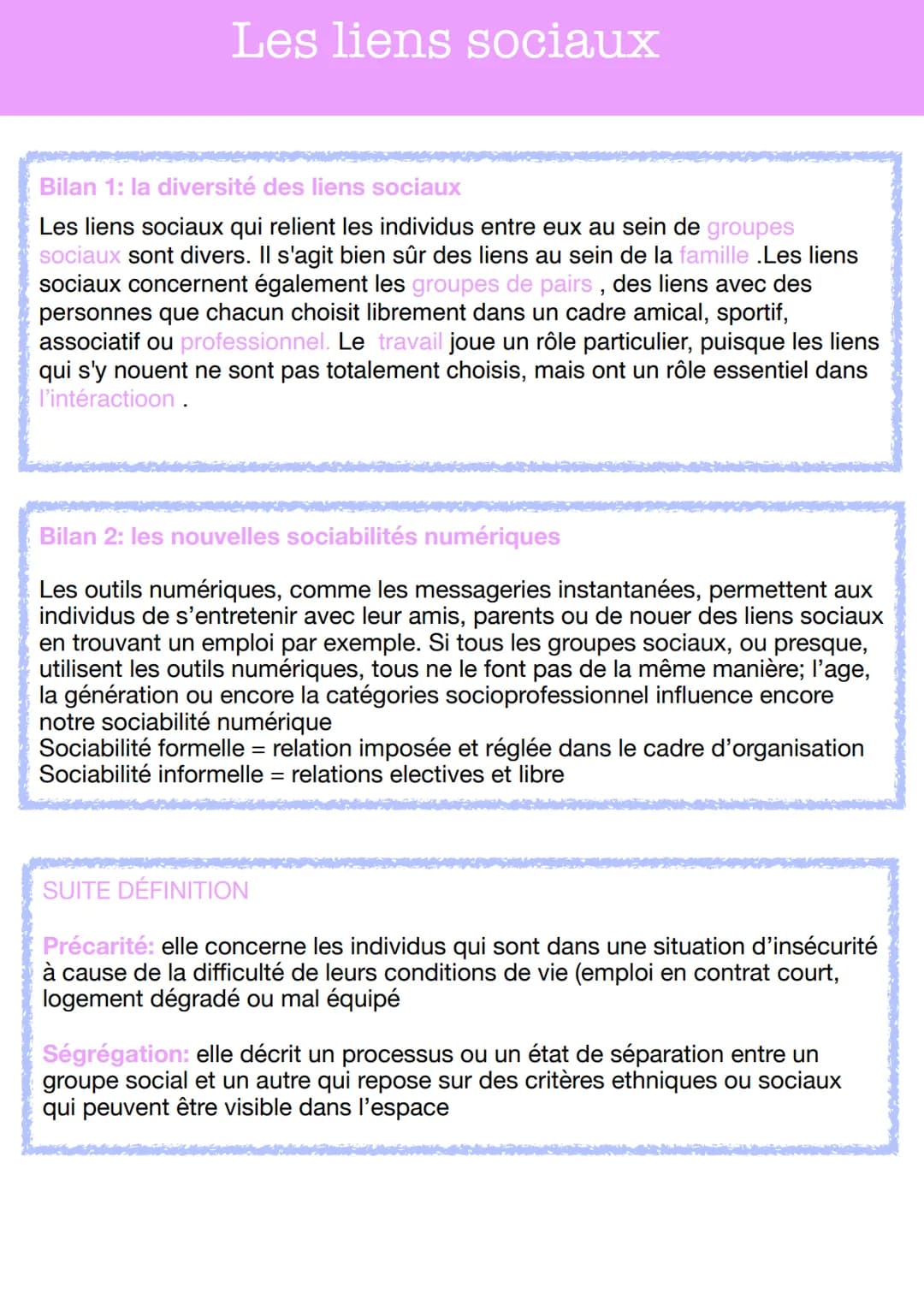 DEFINITION
Les liens sociaux
Le lien social: il désigne l'ensemble des relations qui unissent des individus
aux groupes sociaux dont il fait