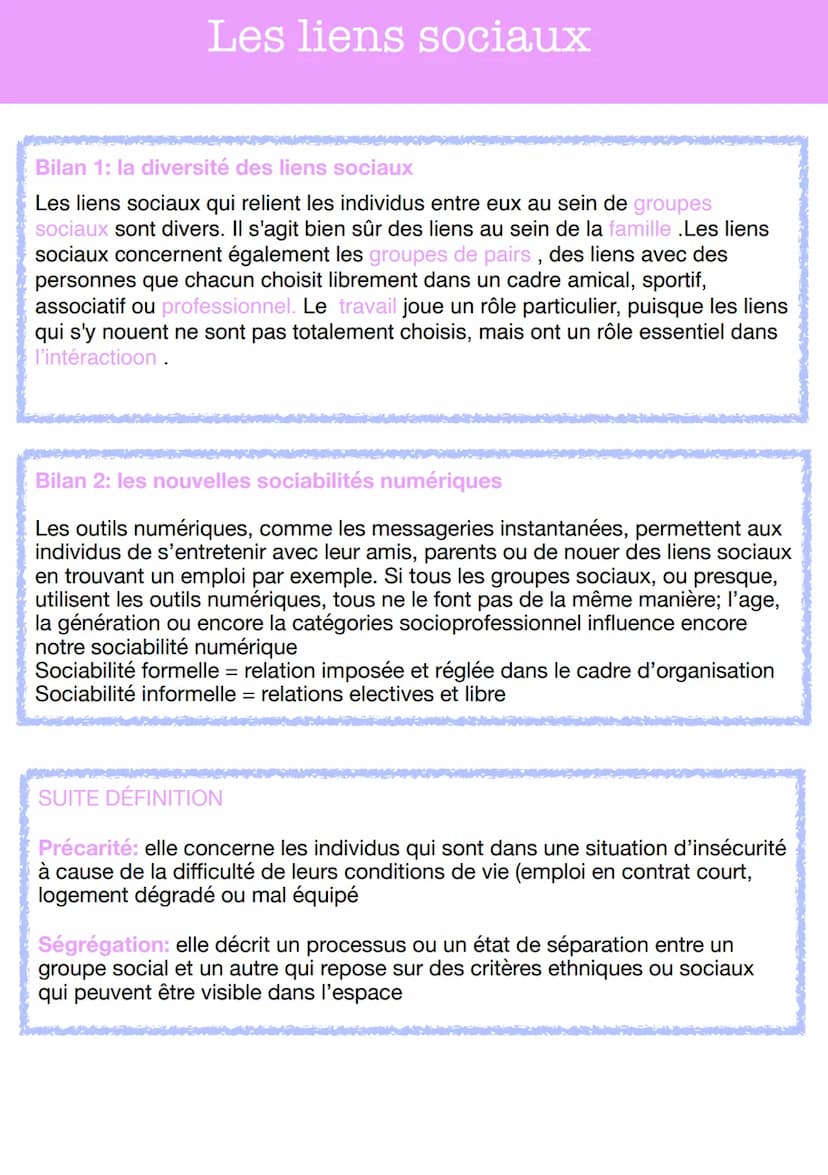 DEFINITION
Les liens sociaux
Le lien social: il désigne l'ensemble des relations qui unissent des individus
aux groupes sociaux dont il fait