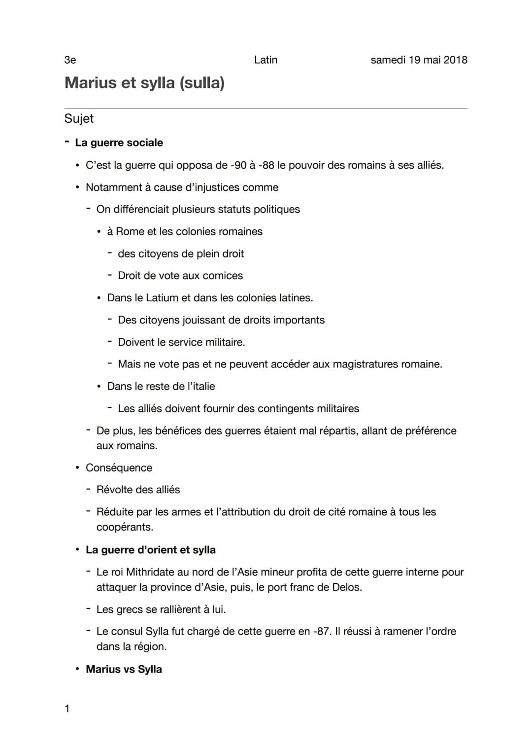 3e
Marius et sylla (sulla)
1
Sujet
- La guerre sociale
• C'est la guerre qui opposa de -90 à -88 le pouvoir des romains à ses alliés.
• Nota