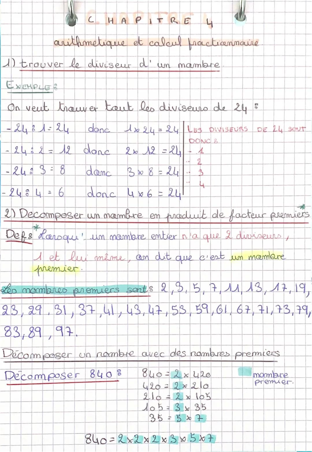 Trouve tous les diviseurs et fais des calculs avec fractions