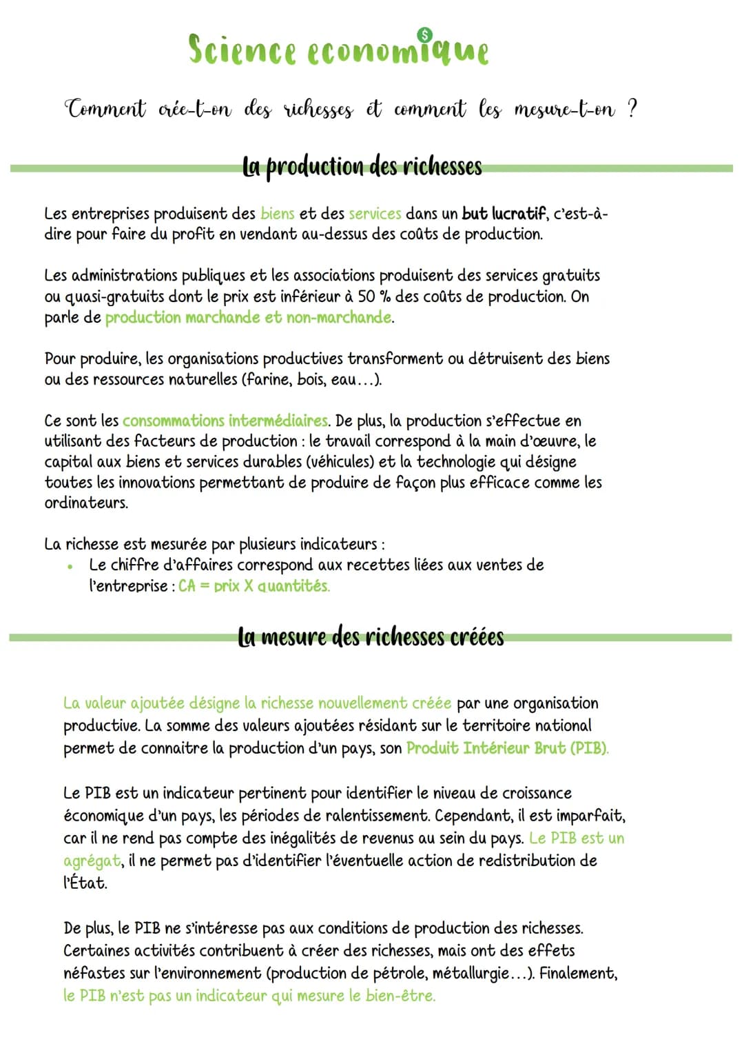 Science economique
Comment crée-t-on des richesses et comment les mesure-t-on ?
la production des richesses
Les entreprises produisent des b