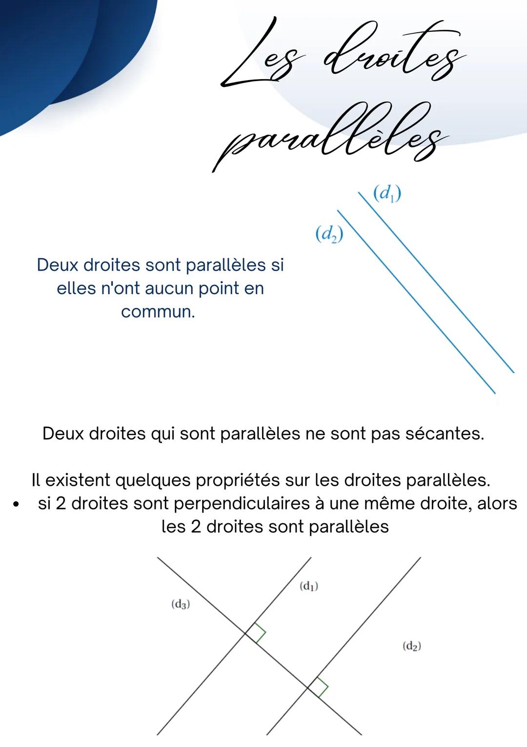 Les droites
paralleles
Deux droites sont parallèles si
elles n'ont aucun point en
commun.
(d3)
(d₂)
Deux droites qui sont parallèles ne sont