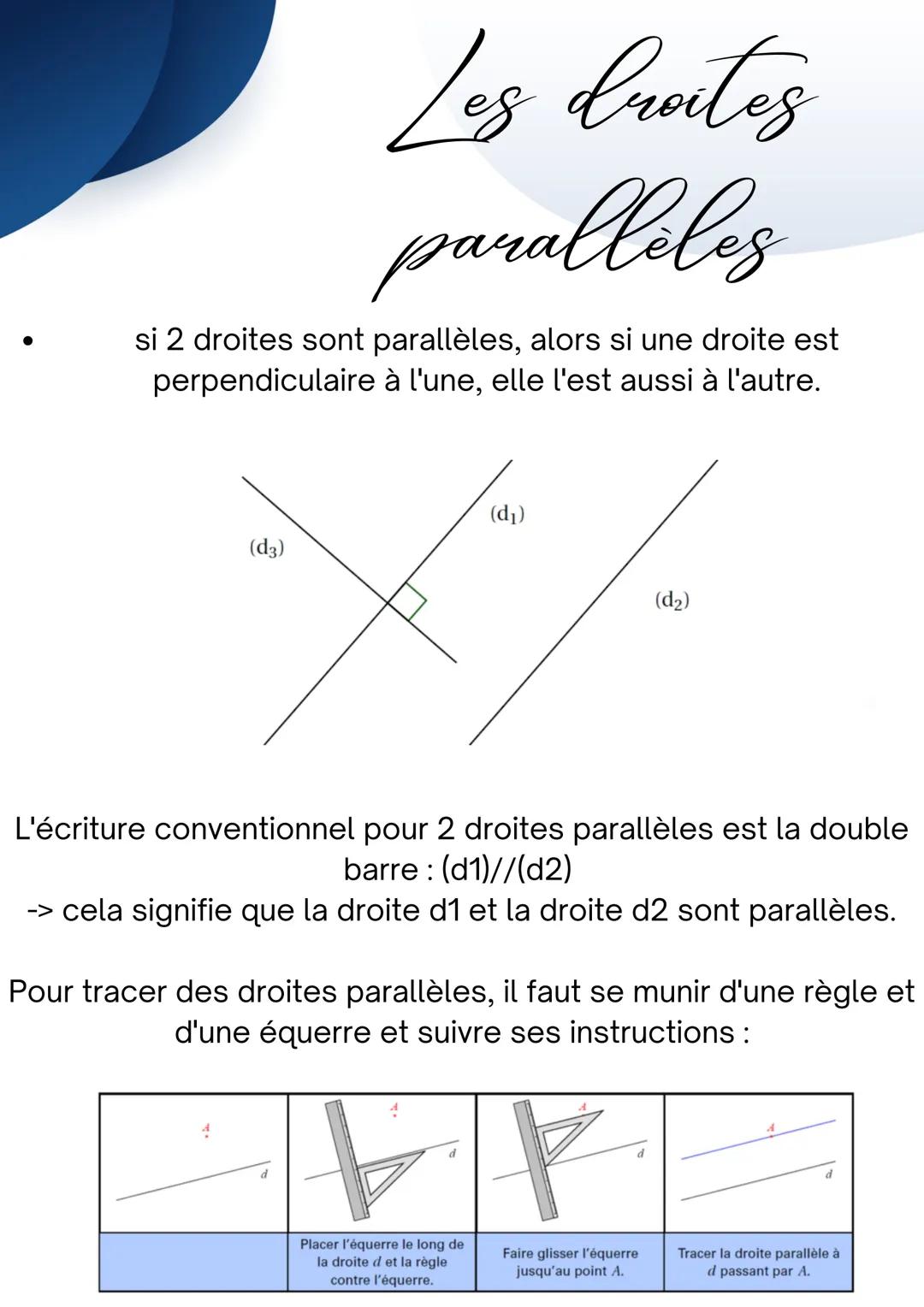Les droites
paralleles
Deux droites sont parallèles si
elles n'ont aucun point en
commun.
(d3)
(d₂)
Deux droites qui sont parallèles ne sont