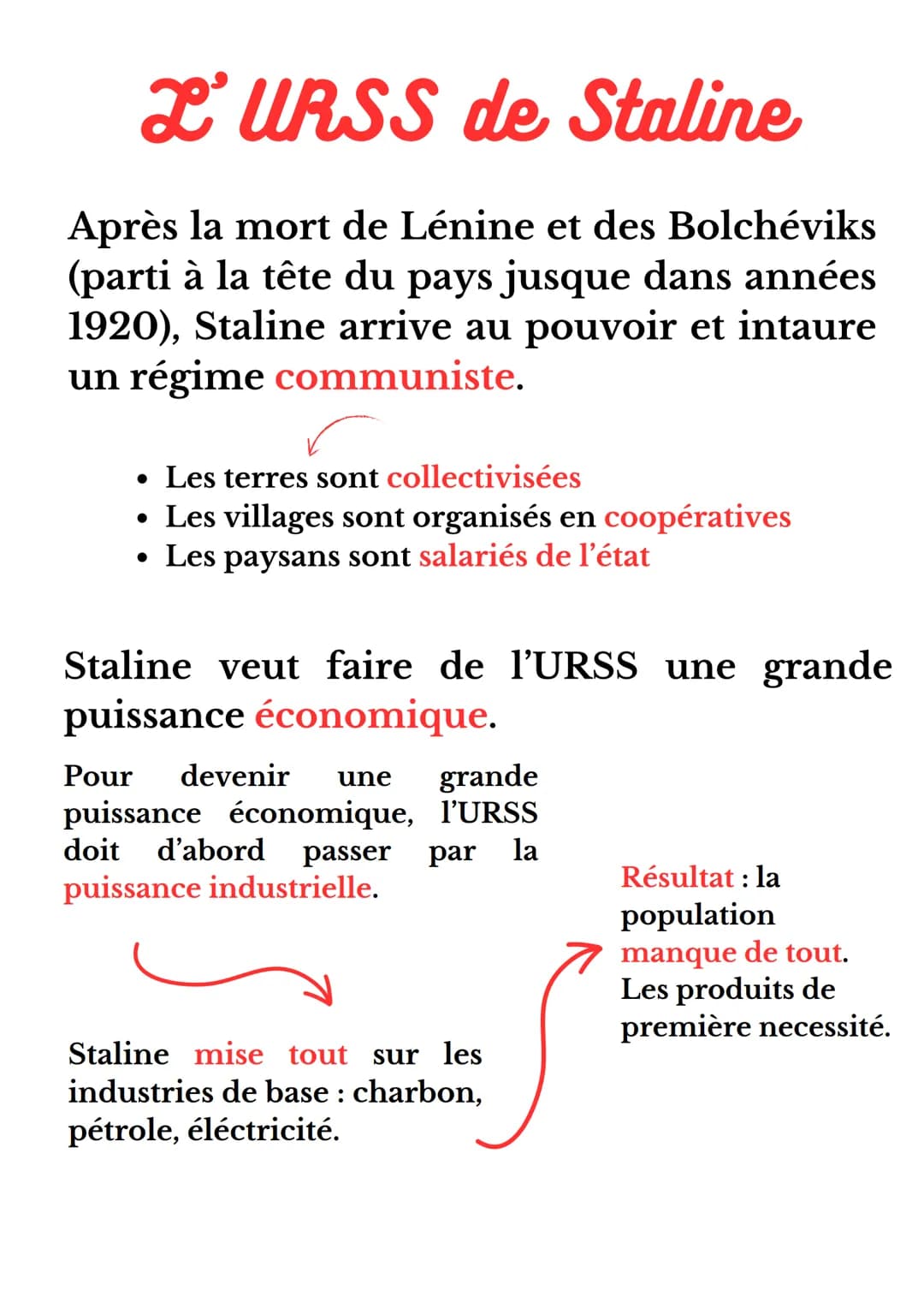 L'URSS de Staline
Après la mort de Lénine et des Bolchéviks
(parti à la tête du pays jusque dans années
1920), Staline arrive au pouvoir et 