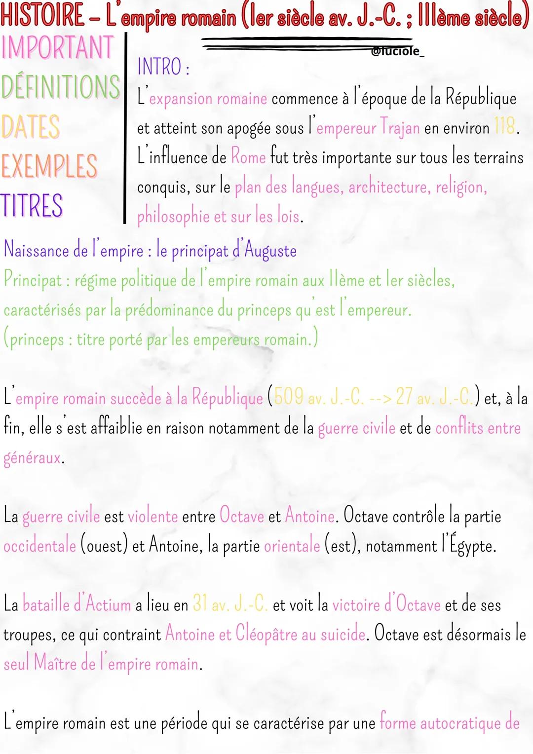 HISTOIRE – l'empire romain (premier siècle avant jc, troisième siècle)