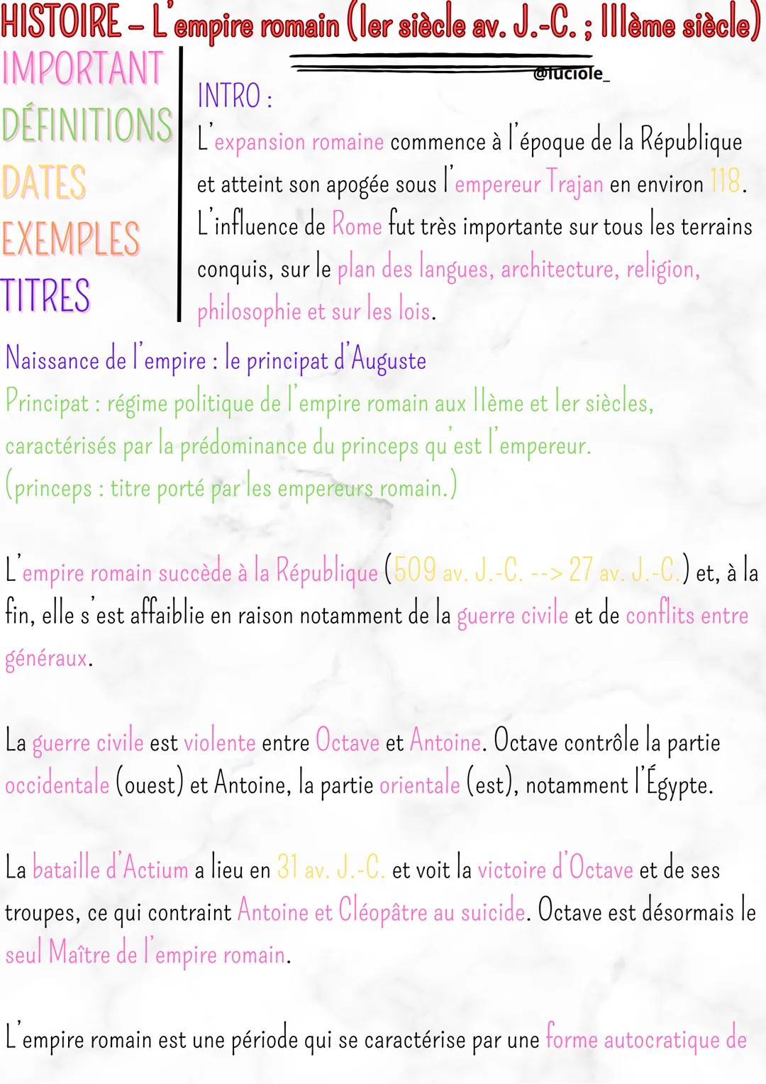 HISTOIRE - L'empire romain (ler siècle av. J.-C.; Illème siècle)
IMPORTANT
@luciole
DÉFINITIONS
INTRO:
L'expansion romaine commence à l'époq