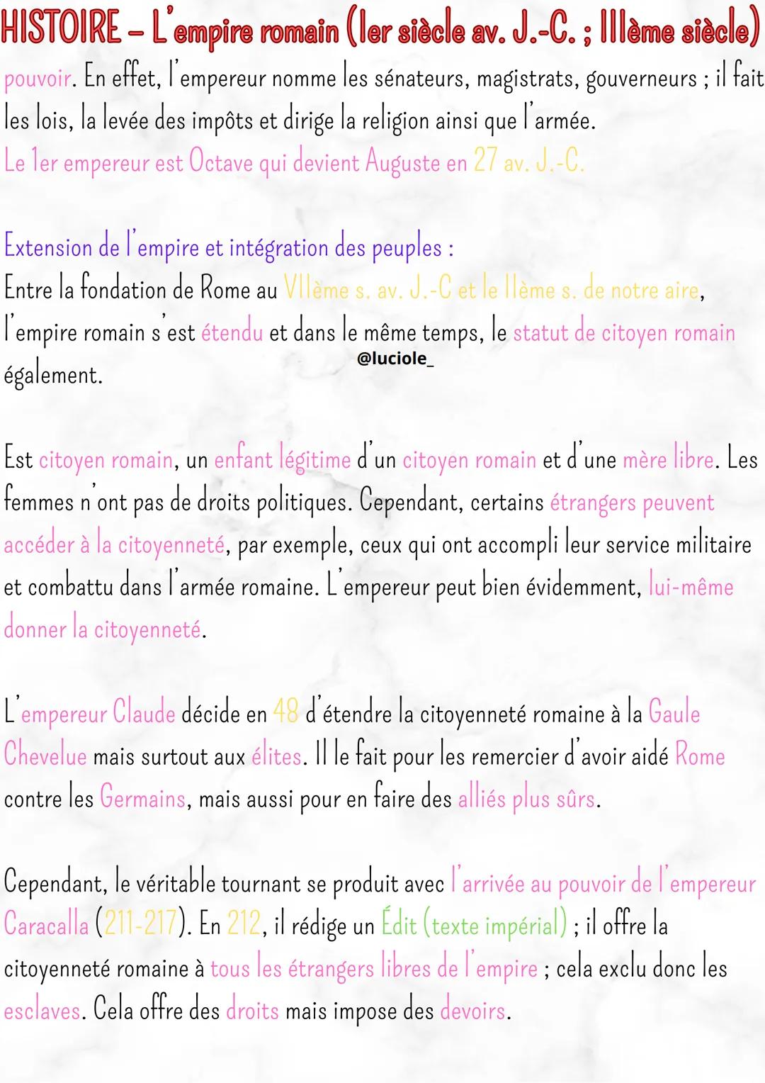 HISTOIRE - L'empire romain (ler siècle av. J.-C.; Illème siècle)
IMPORTANT
@luciole
DÉFINITIONS
INTRO:
L'expansion romaine commence à l'époq