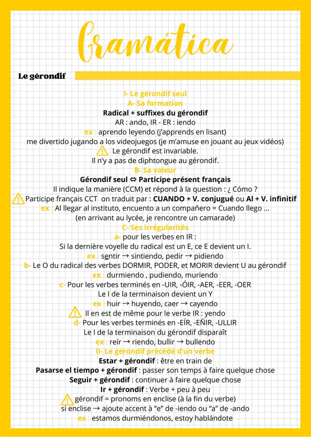Le gérondif
Gramatica
1- Le gérondif seul
A-Sa formation
Radical + suffixes du gérondif
AR: ando, IR - ER : iendo
ex: aprendo leyendo (j'app