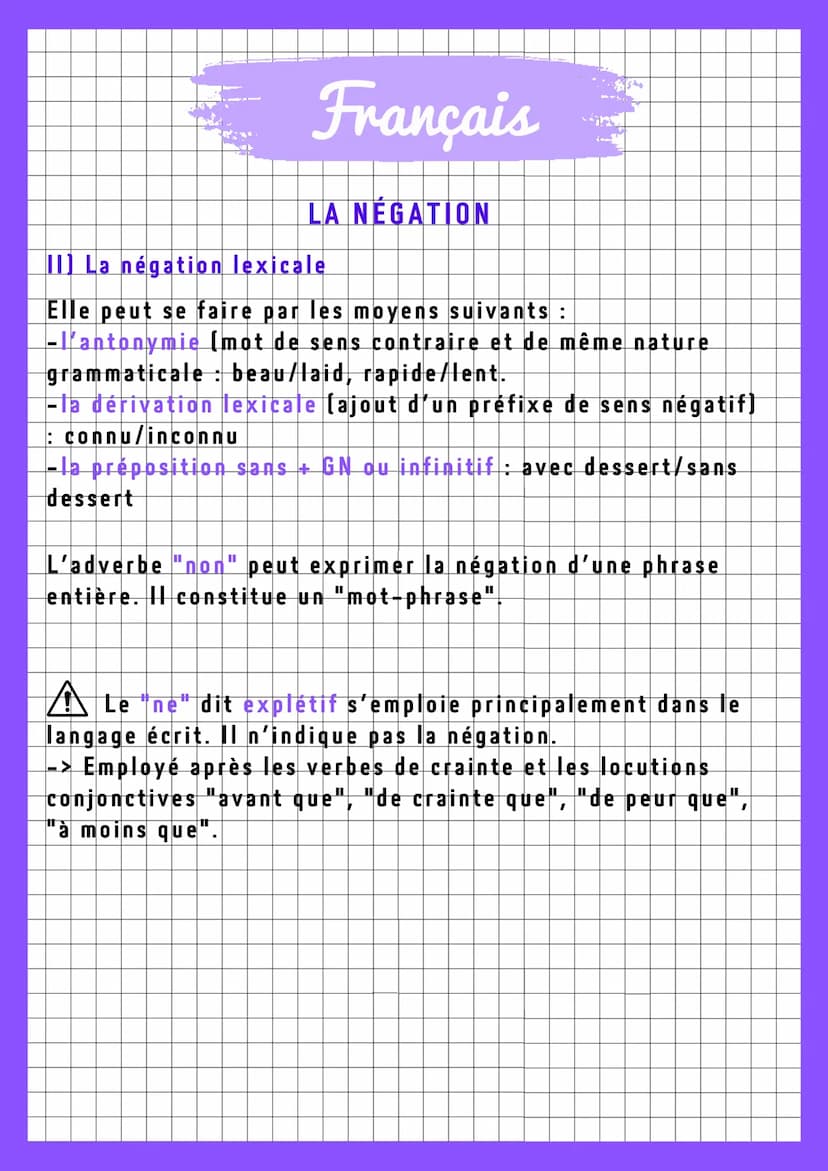 Français
LA NÉGATION
La négation permet d'inverser le sens d'un énoncé
affirmatif.
I] La négation syntaxique
NÉGATION TOTALE:
La négation to