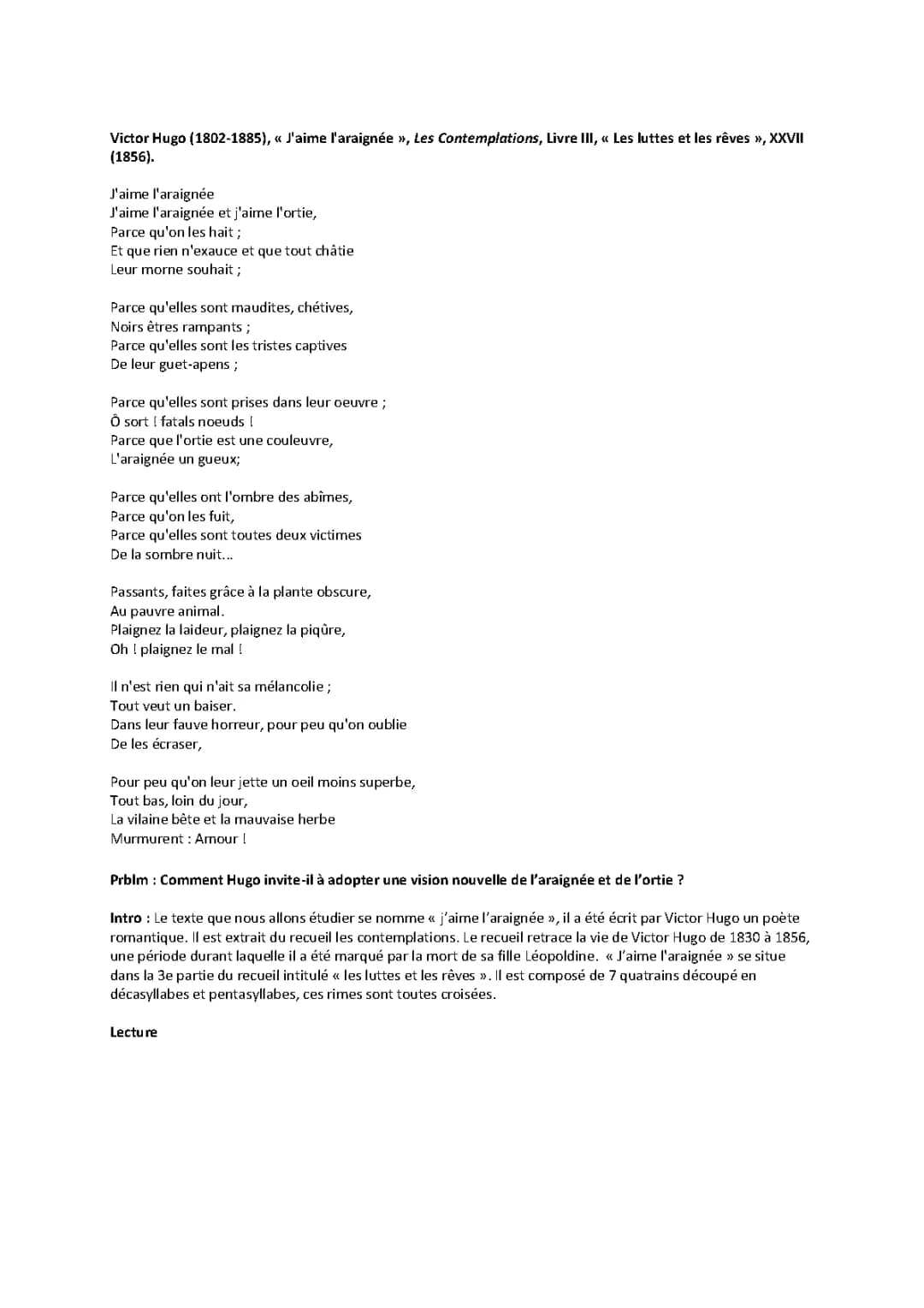 Analyse de J'aime l'araignée et J'aime l'ortie de Victor Hugo