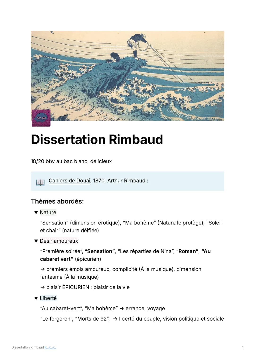 Dissertation Cahiers de Douai, Rimbaud