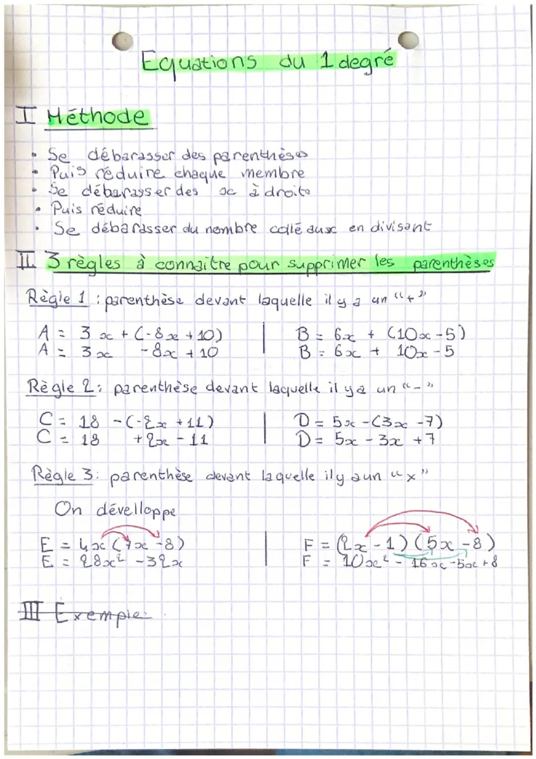 # Equations du 1 degré

I Méthode

*   Se débarasser des parenthès
*   Puis réduire chaque membre.
*   Se débarasser des sc à droite
*   Pui