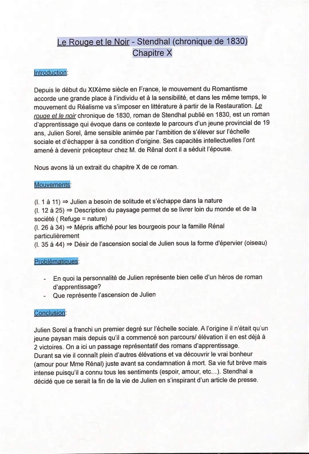 Le Rouge et le Noir - Stendhal (chronique de 1830)
Chapitre X
Introduction:
Depuis le début du XIXème siècle en France, le mouvement du Roma