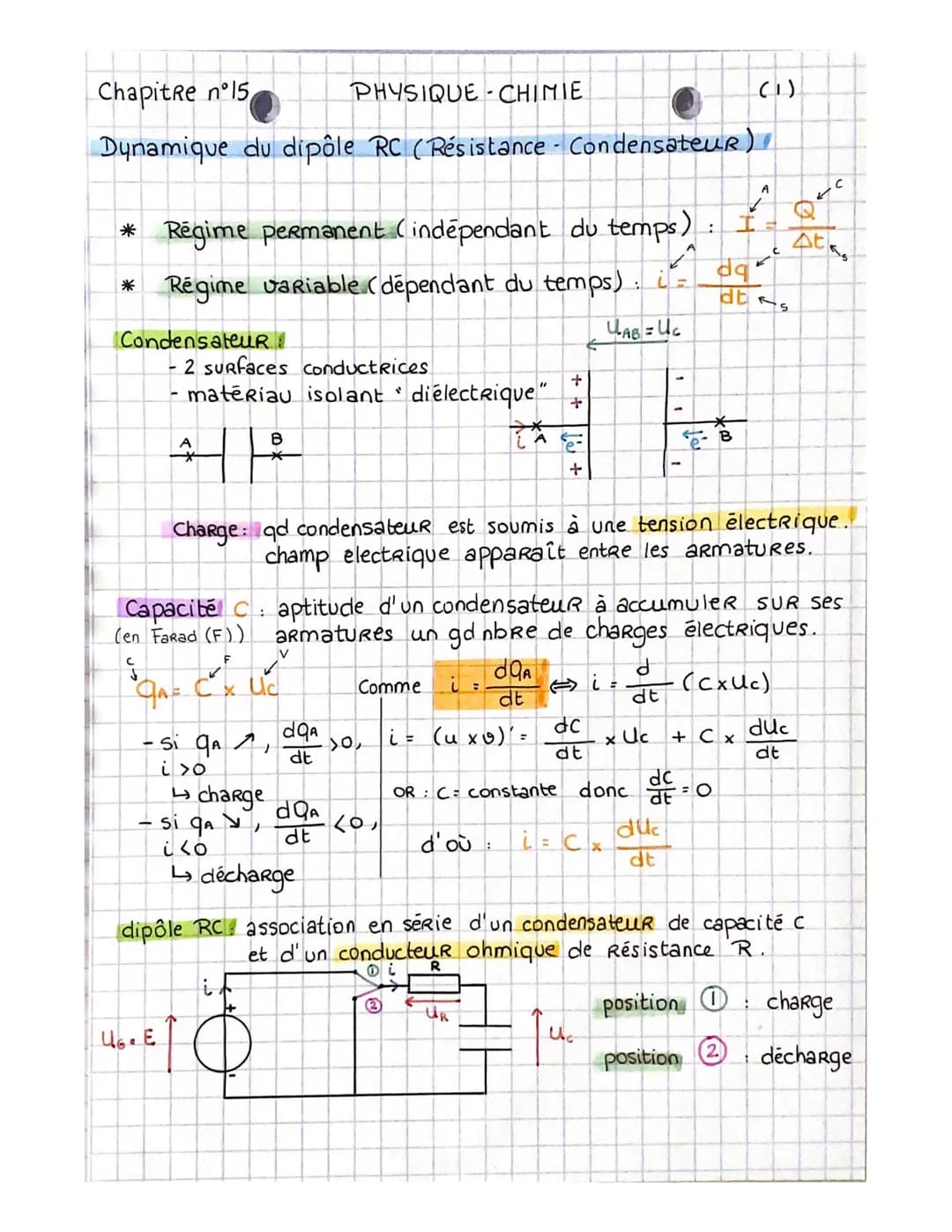 Chapitre n°15
PHYSIQUE CHIMIE
Dynamique du dipôle RC (Résistance - Condensateur),
*Regime permanent (indépendant du temps): At
*Régime varia
