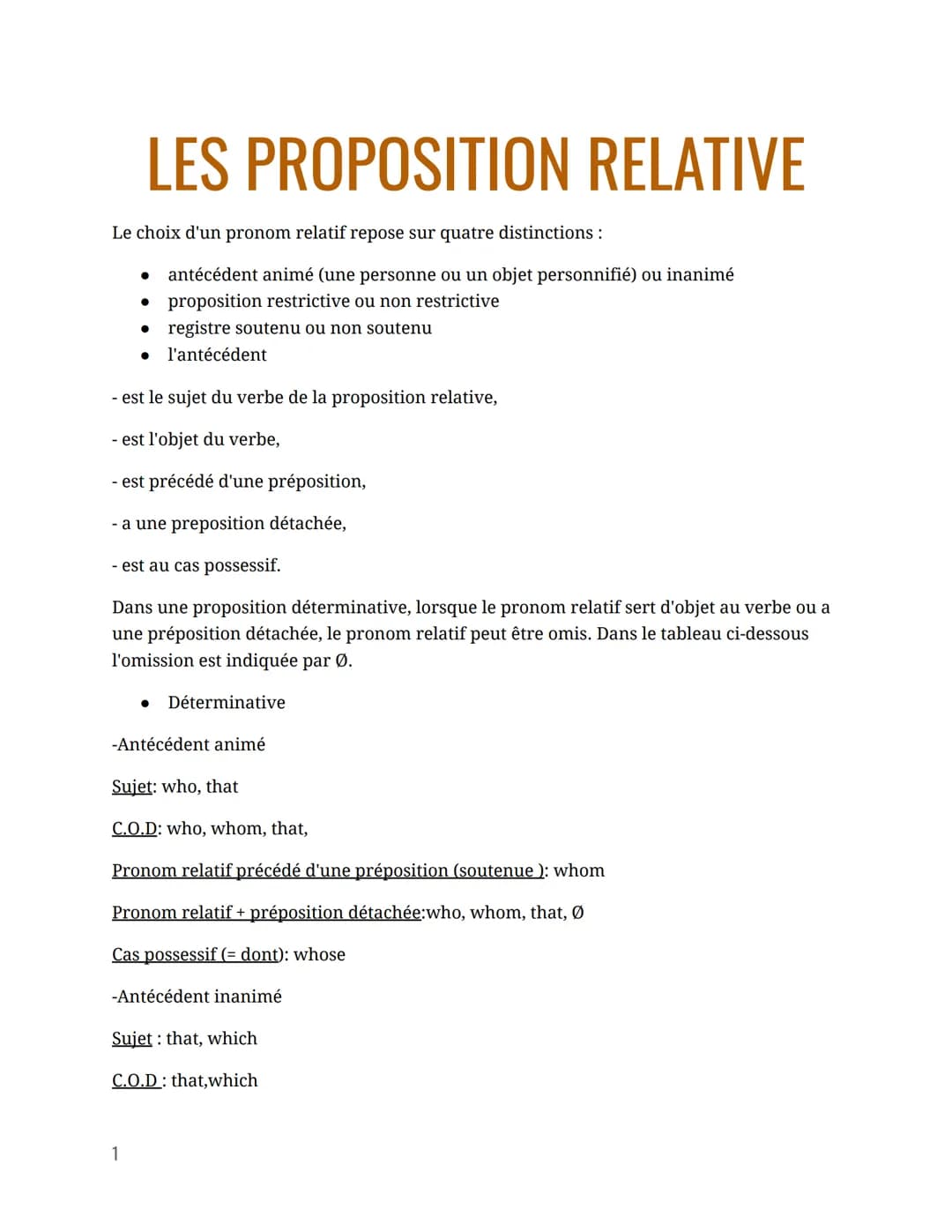 LES PROPOSITION RELATIVE
Le choix d'un pronom relatif repose sur quatre distinctions :
antécédent animé (une personne ou un objet personnifi