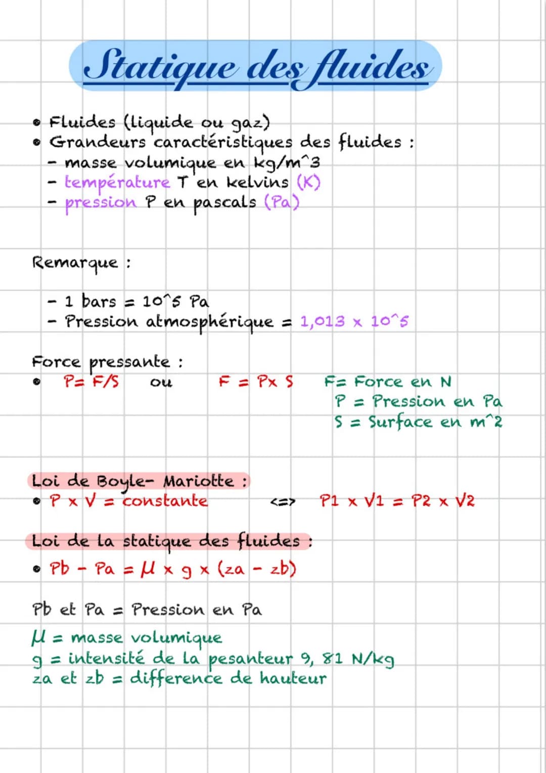 Statique des fluides
• Fluides (liquide ou gaz)
• Grandeurs caractéristiques des fluides:
- masse volumique en kg/m^3
- température T'en kel