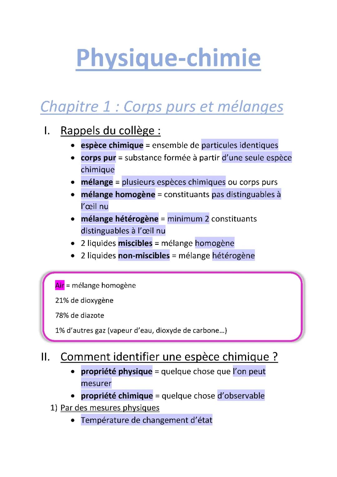 Corps purs et mélanges Seconde - Fiches et Exercices PDF