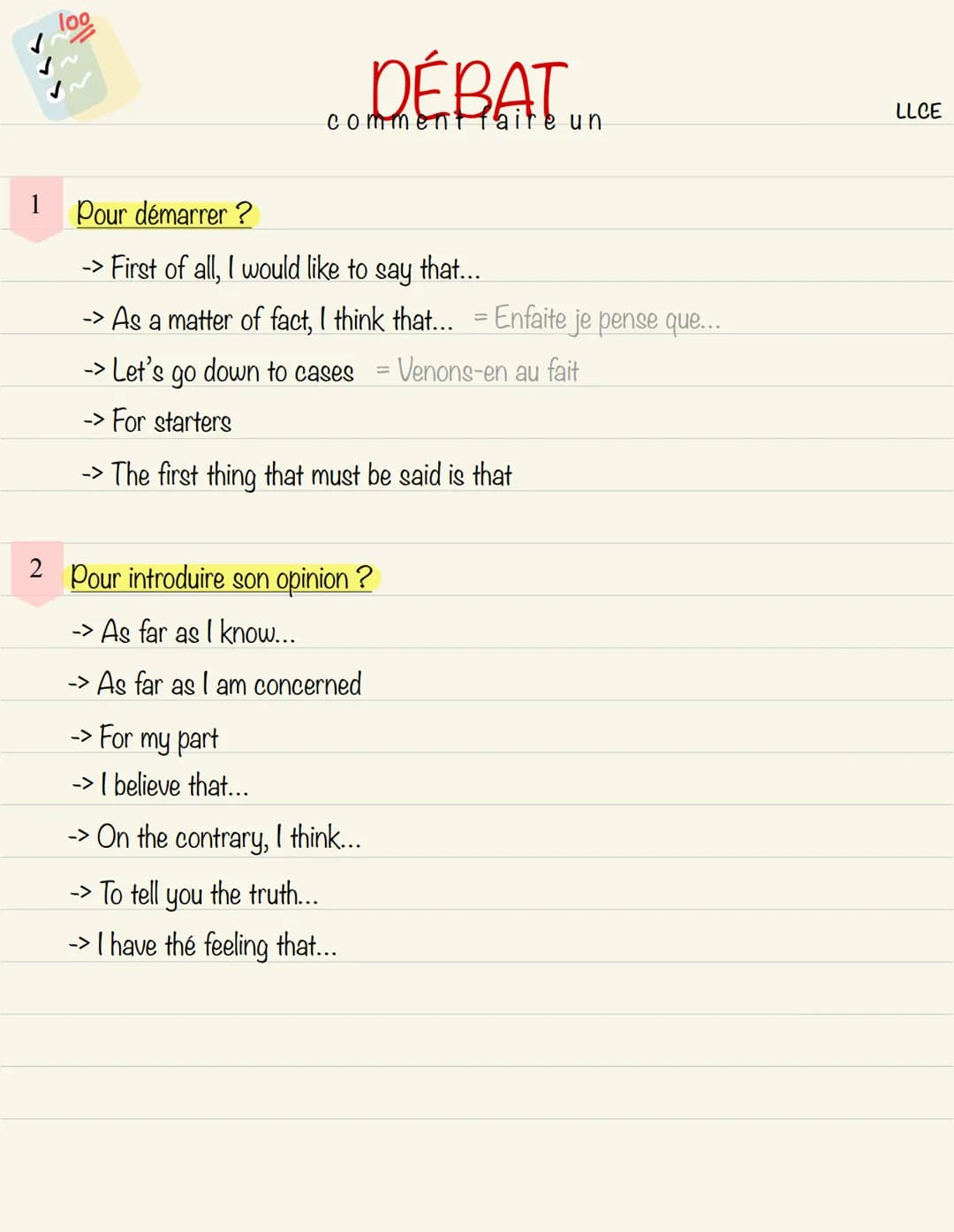 loo
comment faire un
Pour démarrer ?
-> First of all, I would like to say that...
-> As a matter of fact, I think that... = Enfaite je pense