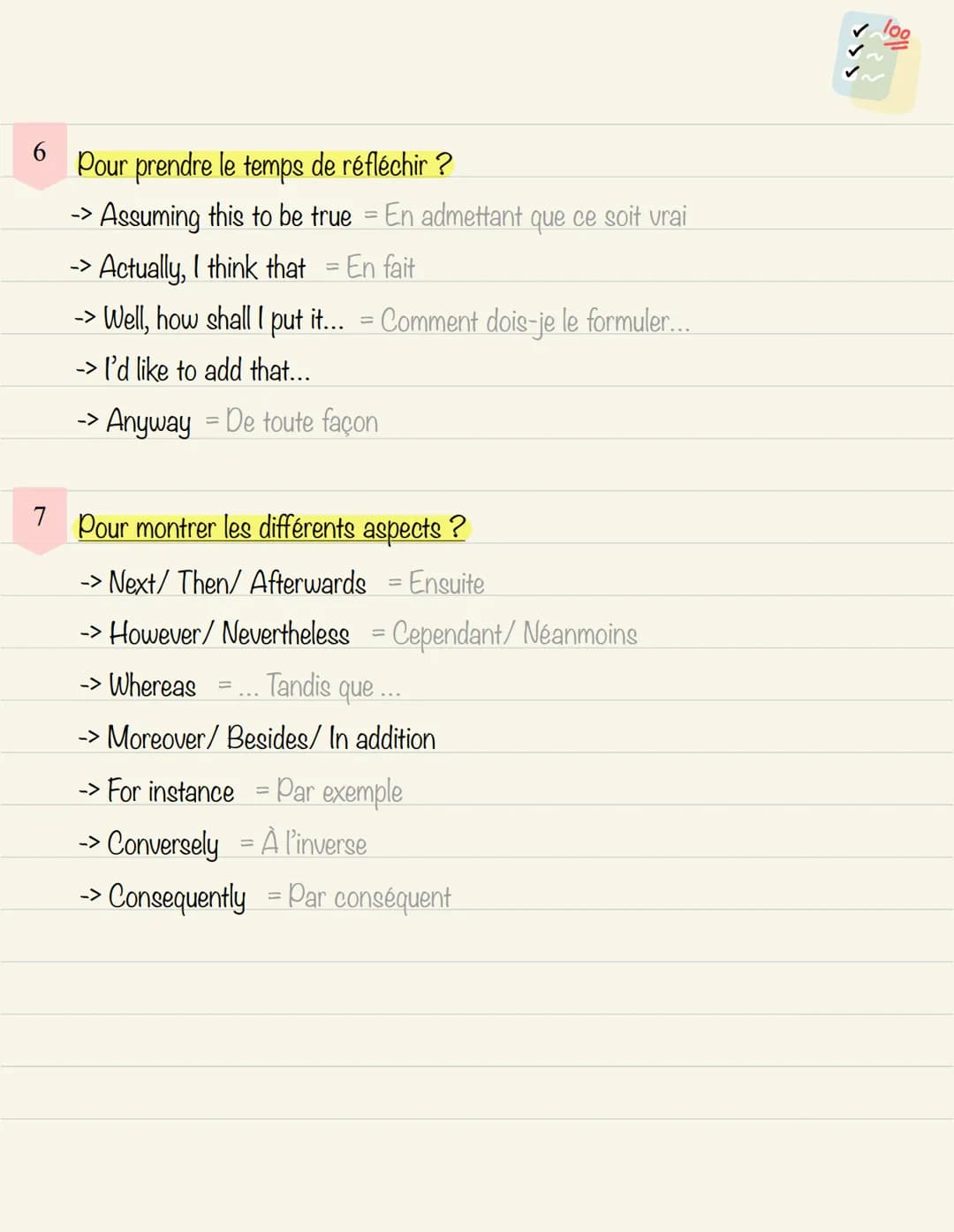 loo
comment faire un
Pour démarrer ?
-> First of all, I would like to say that...
-> As a matter of fact, I think that... = Enfaite je pense