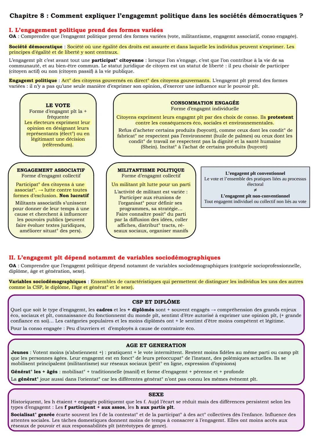 Chapitre 8: Comment expliquer l'engagemnt politique dans les sociétés démocratiques ?
I. L'engagement politique prend des formes variées
OA 