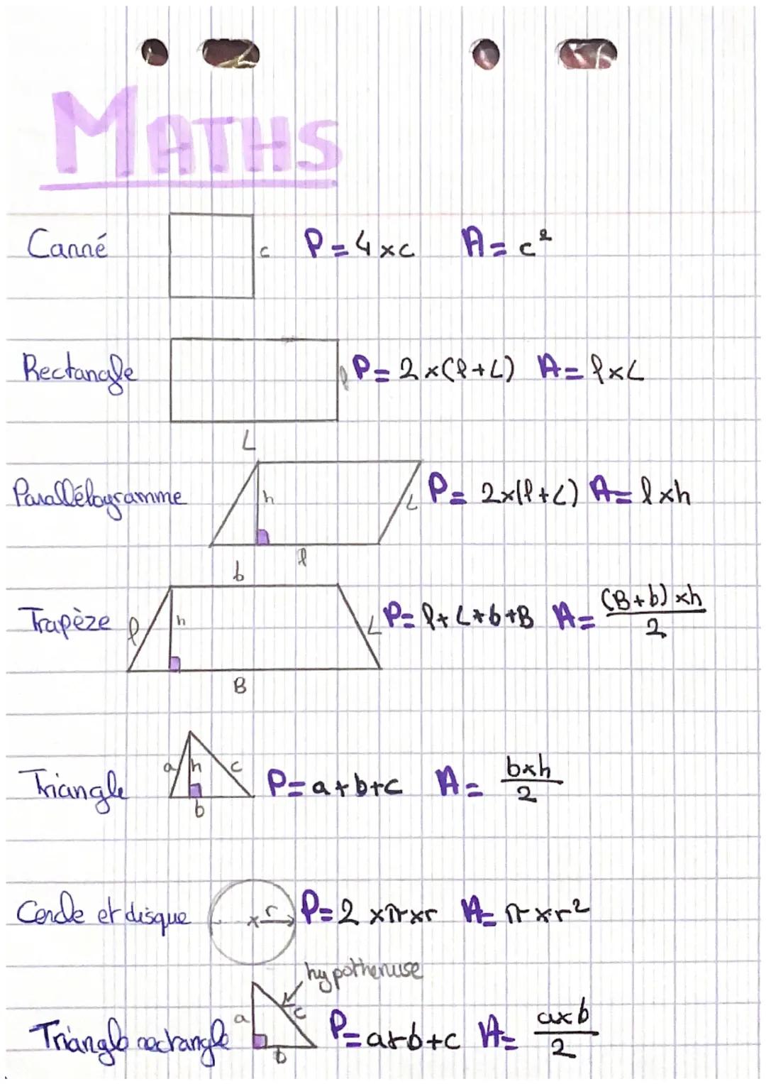MATHS
Canné
Rectangle
Parallelogramme
Парече в
Triangle
Cende et disque
A
h
A
7
B
C
Triangle rectangle
C
P=4xc A=c²
b
f
P= 2x (P+ L) A= PxL
