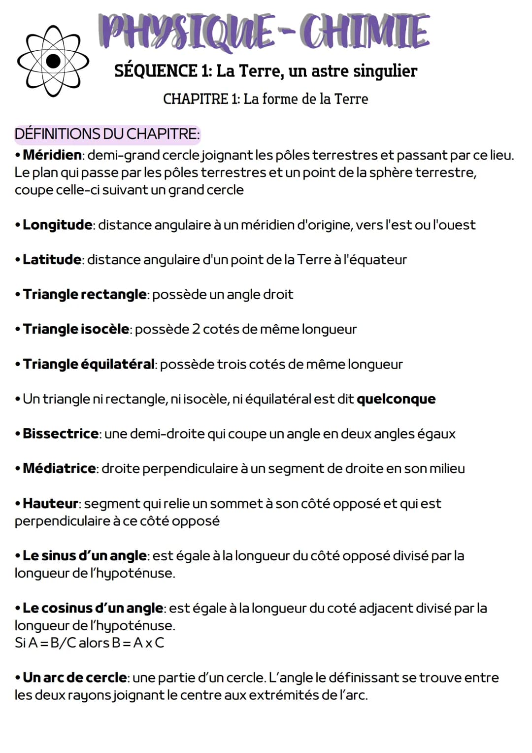 PHYSIQUE-CHIMIE
SÉQUENCE 1: La Terre, un astre singulier
CHAPITRE 1: La forme de la Terre
●
DÉFINITIONS DU CHAPITRE:
• Méridien: demi-grand 