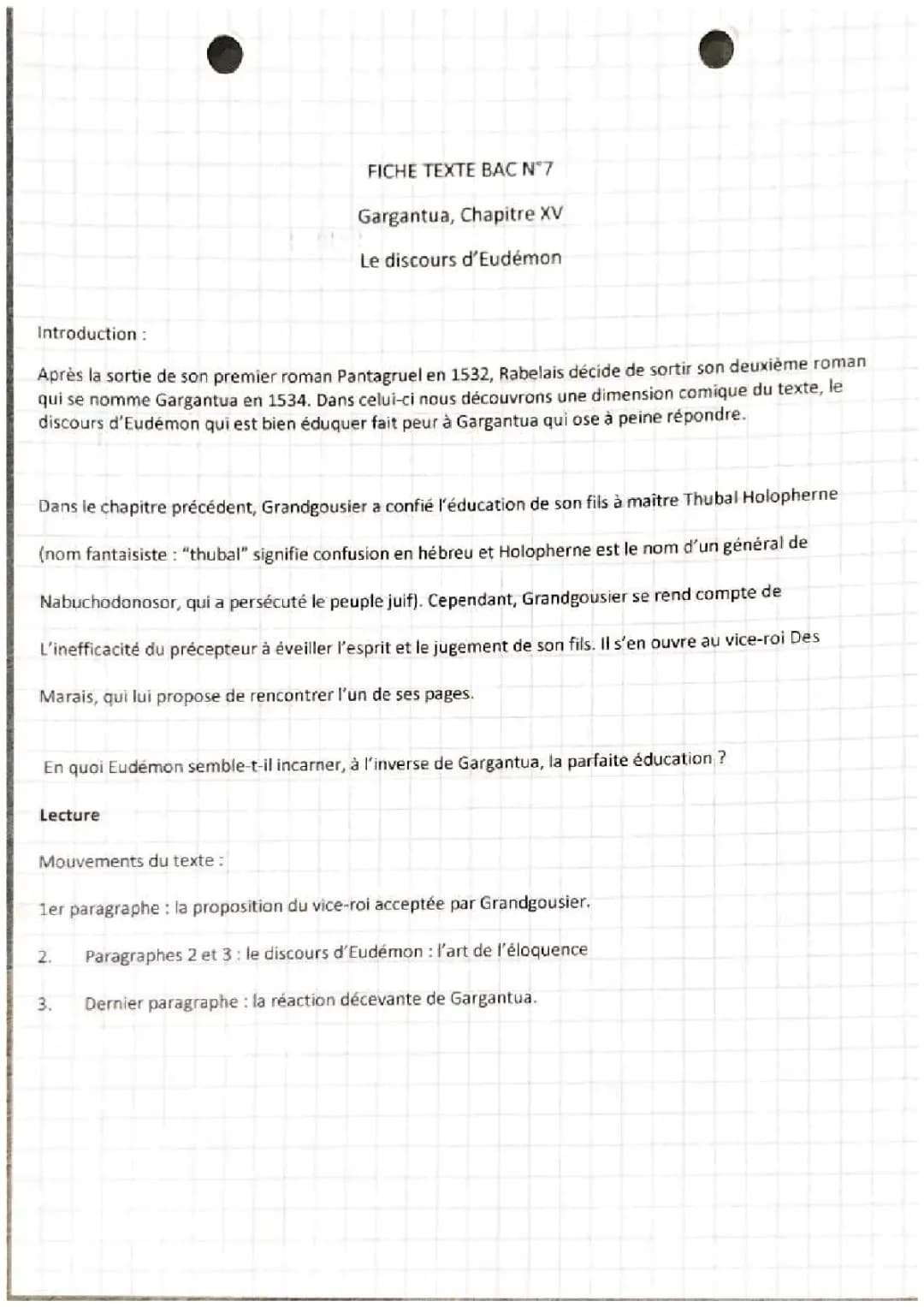 Français texte bac 7 : Gargantua Rabelais / le discours d’eudemon 