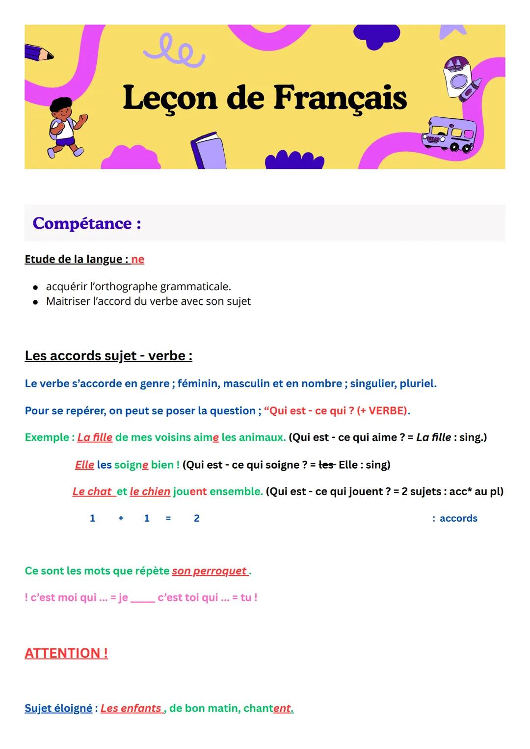 le
Leçon de Français
Compétance:
Etude de la langue : ne
• acquérir l'orthographe grammaticale.
Maitriser l'accord du verbe avec son sujet
L