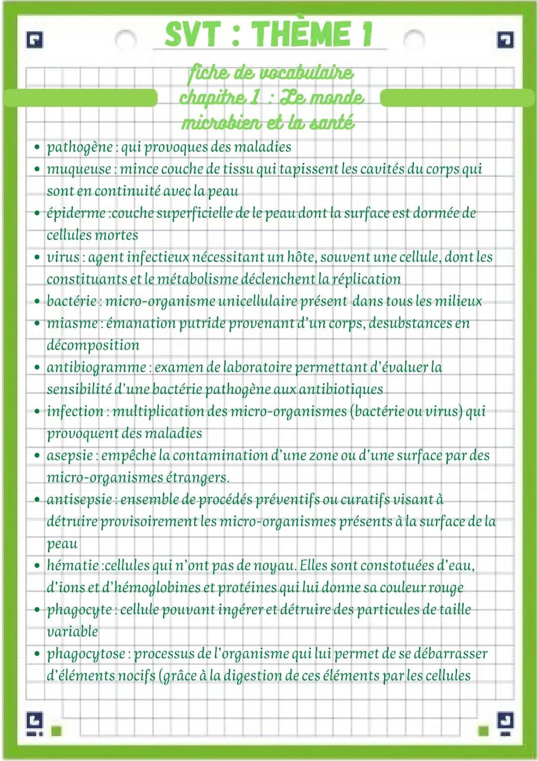 Le monde microbien et la santé (fiche de vocabulaire)