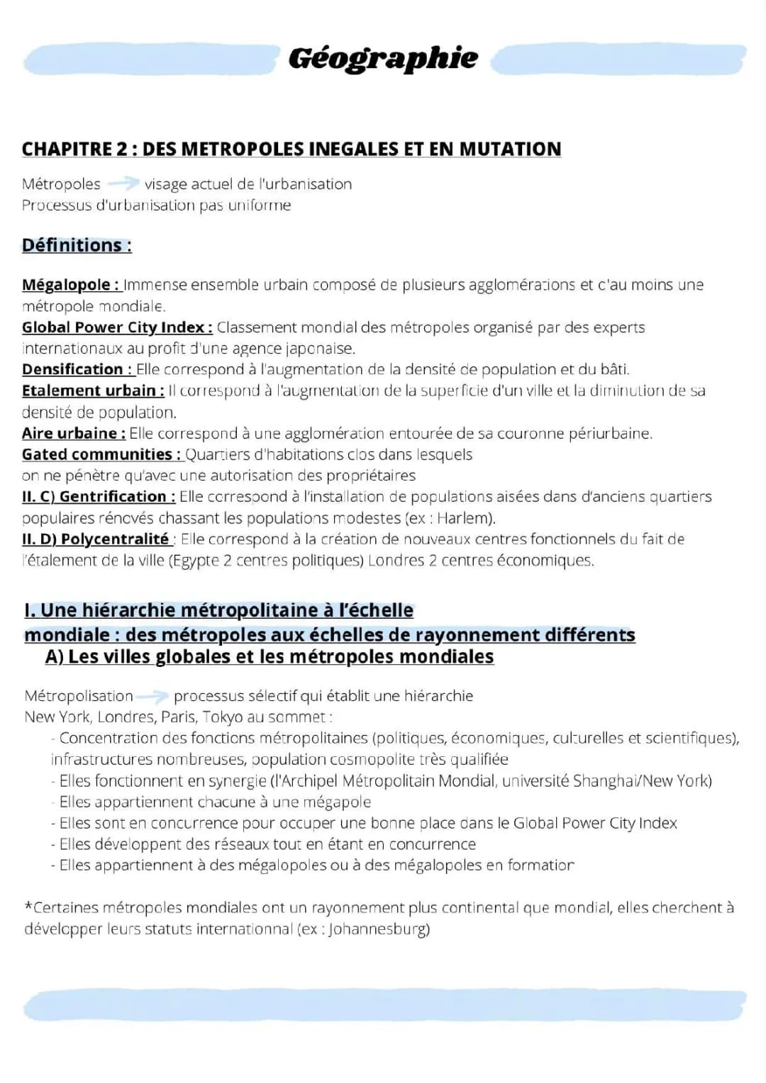 Métropoles Mondiales et Gentrification : Fiche de Révision Simplifiée